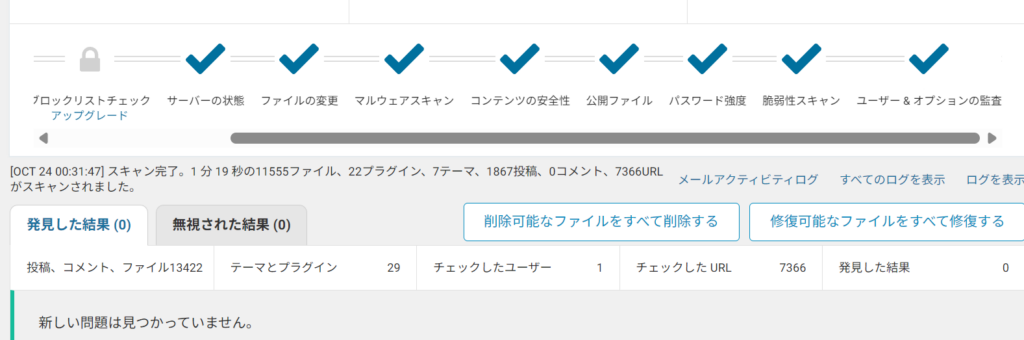 Wordfenceのスキャン結果