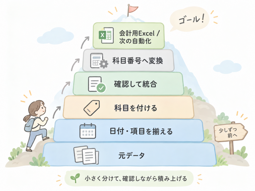小さなブロックを下から積み上げて三角形の山になっていく図